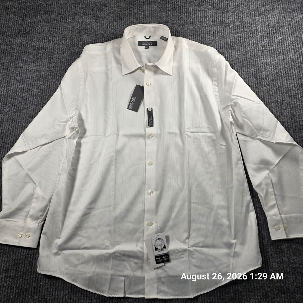 Kenneth Cole Reaction Mens White Striped Wrinkle Free Dress Shirt 17 32-33 NWT